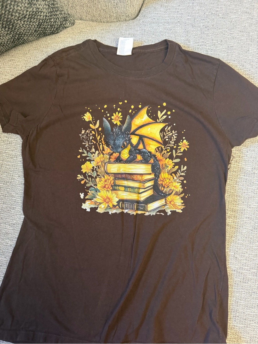 Port and Company Black Tee with Yellow Dragon and Books Graphic